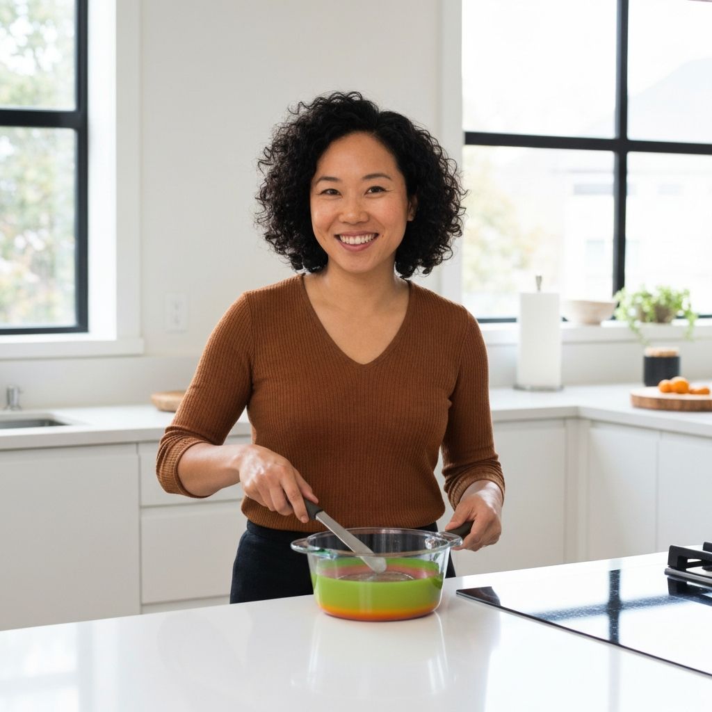 Steph Chen, founder of Anyday Cookware, in modern kitchen